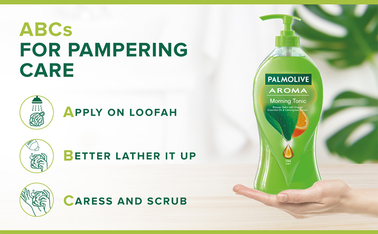 ABCs FOR PAMPERING CARE APPLY ON LOOFAH BETTER LATHER IT UP CARESS AND SCRUB